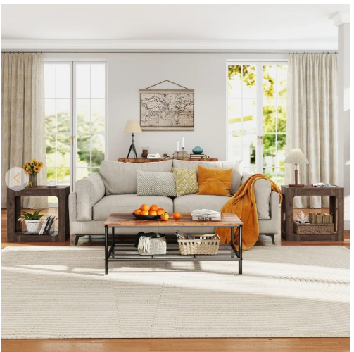 Set of 2, 2-Tier End Table with Storage Shelf for Living Room - Wallnut - Assembled