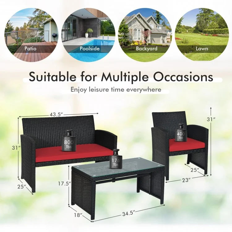 4 Pcs Wicker Conversation Furniture Set Patio Sofa And Table Set, Fully Assembled