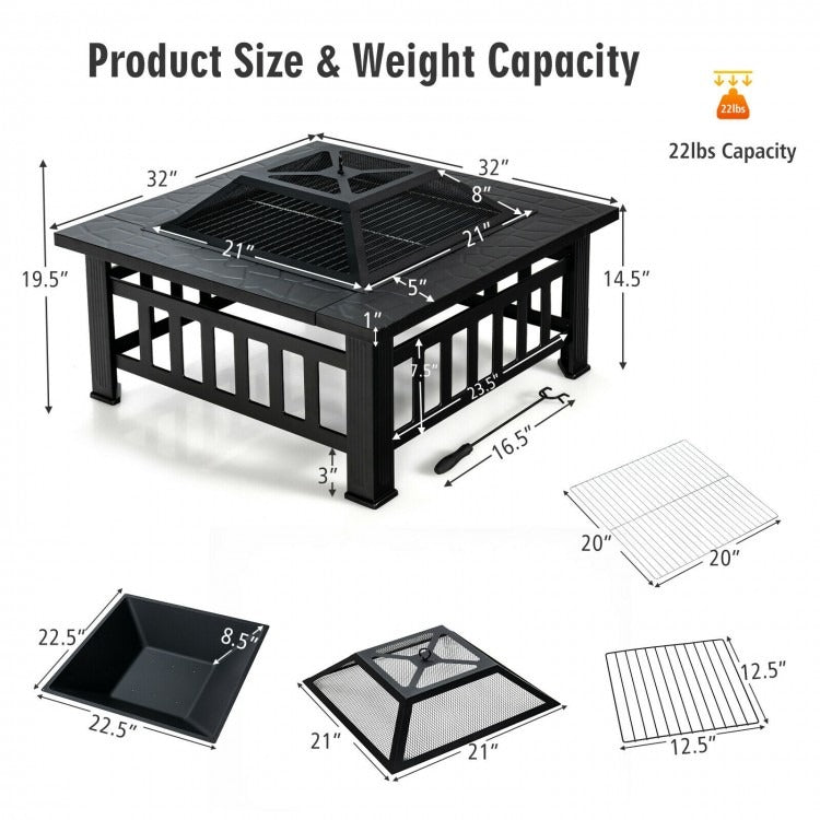 32 Inch 3 in 1 Outdoor Square Fire Pit Table with BBQ Grill and Rain Cover *FULLY ASSEMBLED*