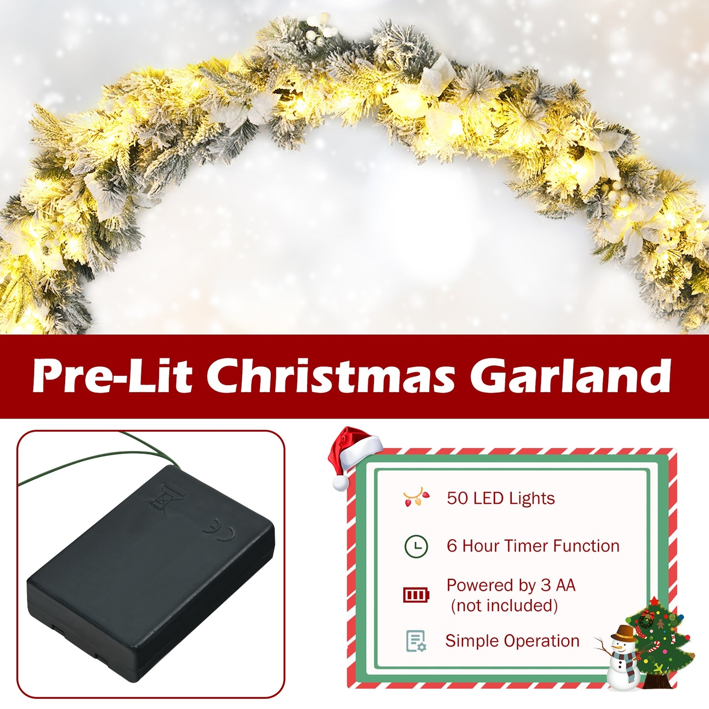 9 Feet Pre-Lit Artificial Christmas Garland with 50 LED Lights, battery