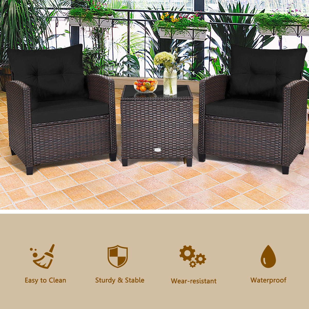 3 Pieces Cushioned Rattan Patio Conversation Set with Coffee Table-Black, Fully Assembled