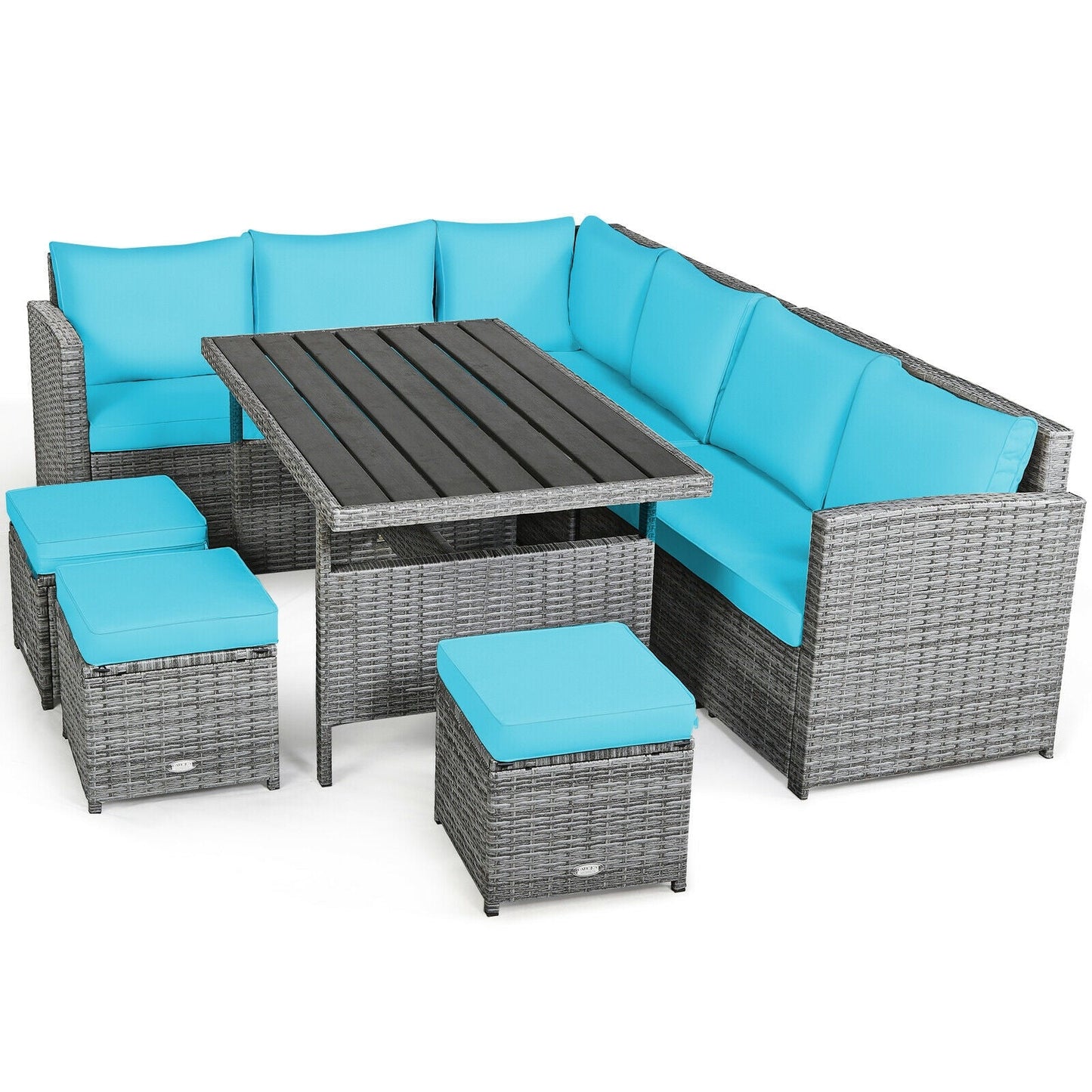 Fully Assembled, 7 Pieces Patio Rattan Dining Furniture Sectional Sofa Set with Wicker Ottoman-Turquoise