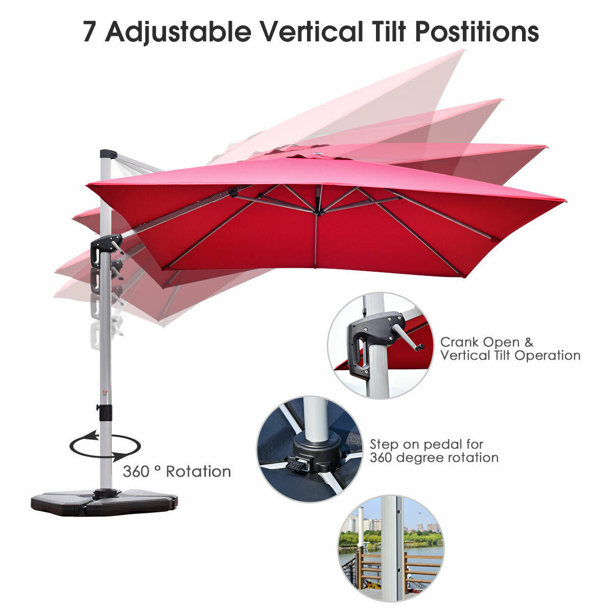 SPECIAL - 10 ft 360 Degree Tilt Aluminum Square Patio Offset Cantilever Umbrella without Weight Base-Burgundy