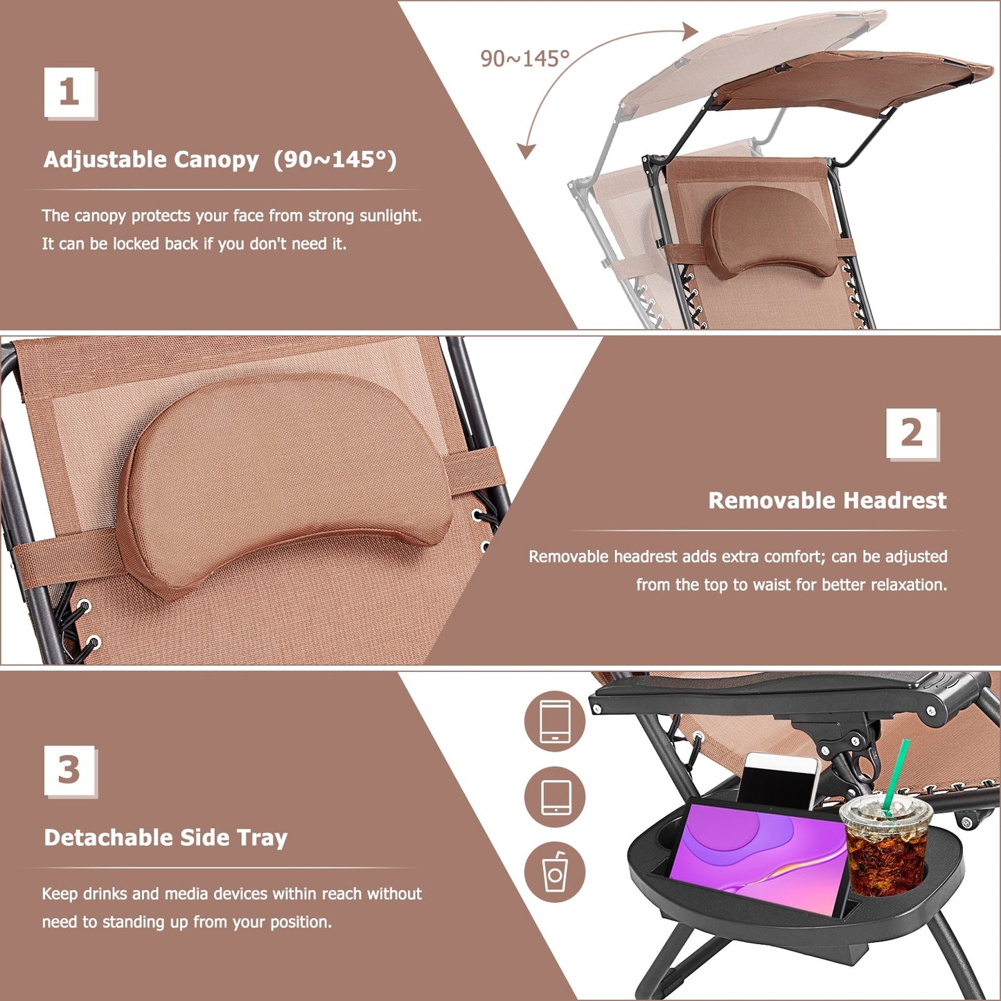 Folding Recliner Lounge Chair w/ Shade Canopy Cup Holder-Coffee (Copy)