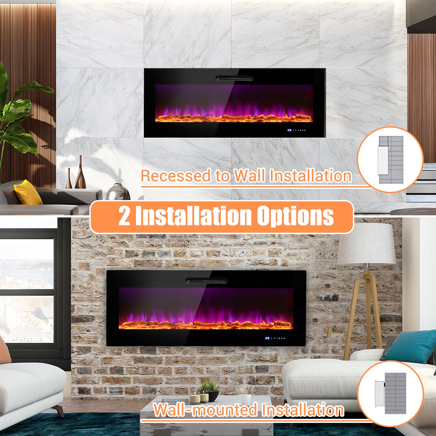 50 Inch Wall Mounted Recessed Electric Fireplace with Decorative Crystal and Log