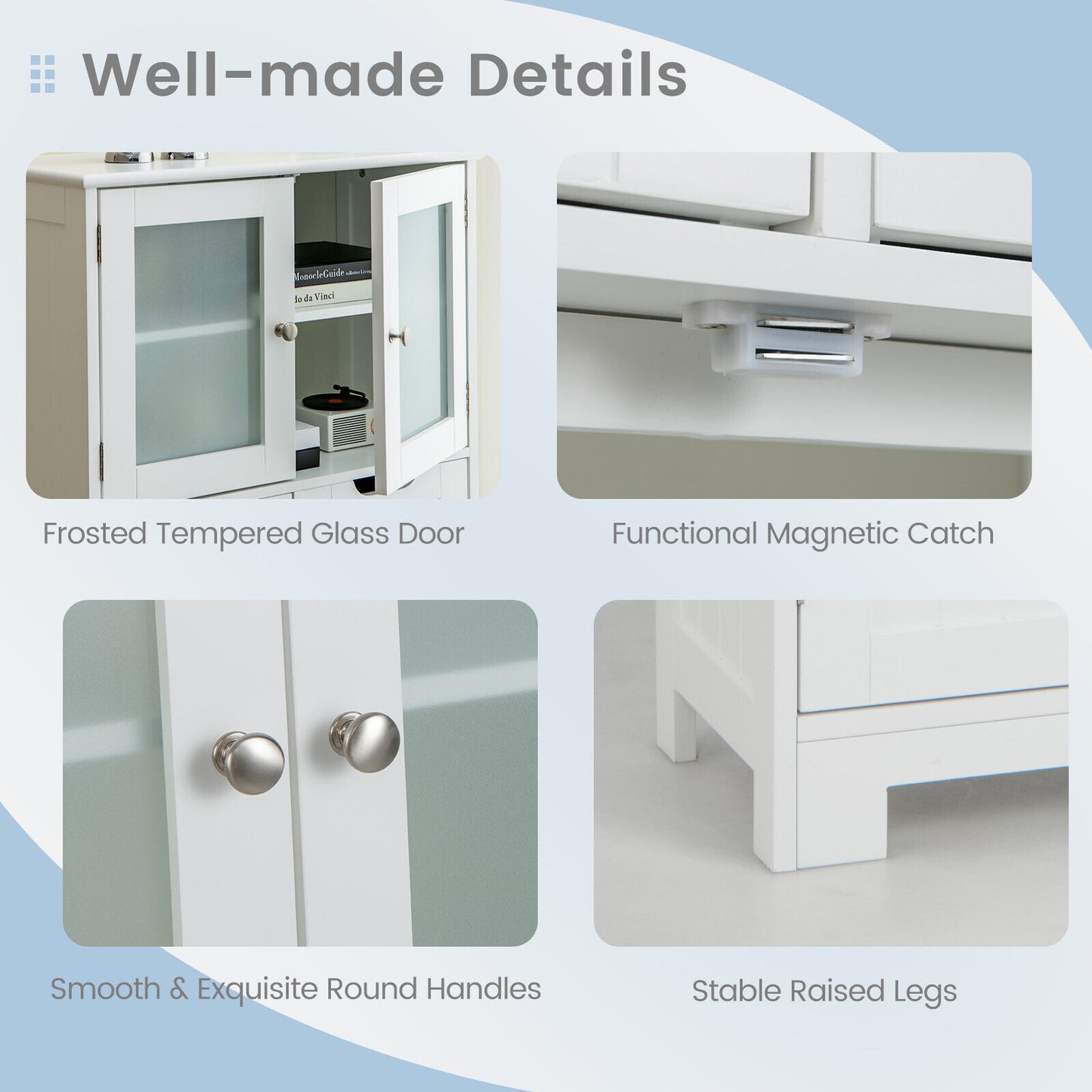 3 Tier Free-Standing Bathroom Cabinet with 2 Drawers and Glass Doors-White, fully assembled