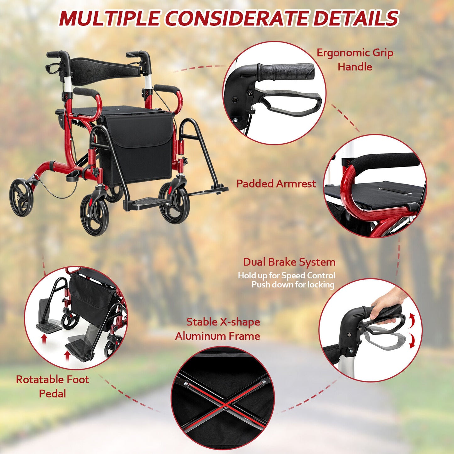 Folding Rollator Walker with 8-inch Wheels and Seat-Red, fully assembled