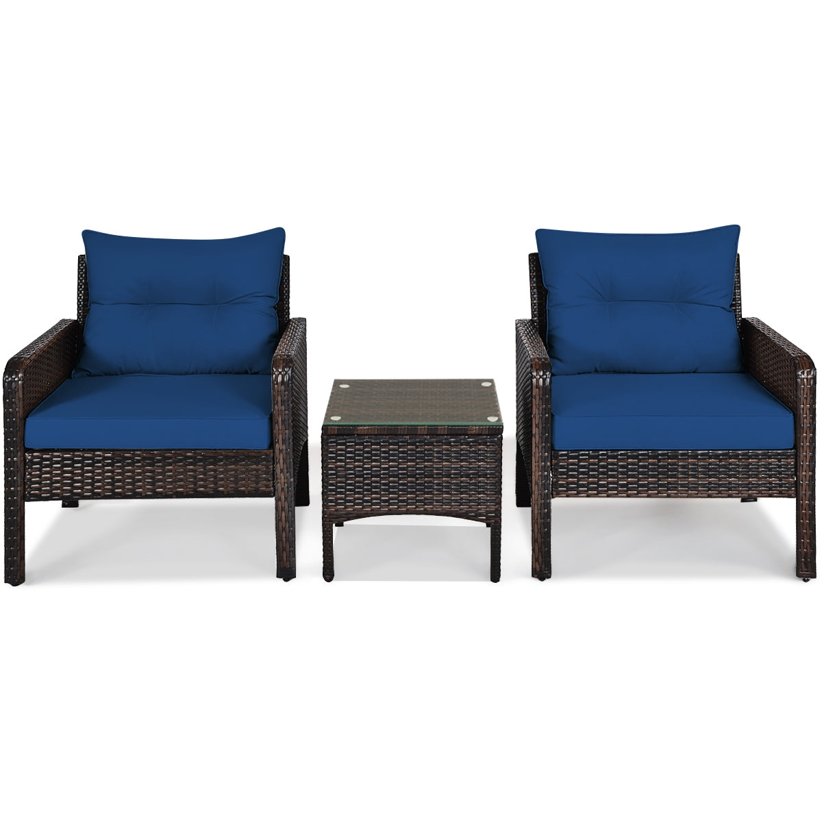 3 Pieces Outdoor Wide Patio Rattan Conversation Set with Seat Cushions-Navy (Fully Assembled)
