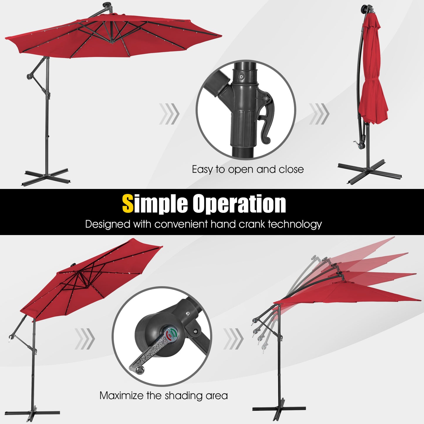 10 Feet Patio Solar Powered Cantilever Umbrella with Tilting System-Wine, assembled