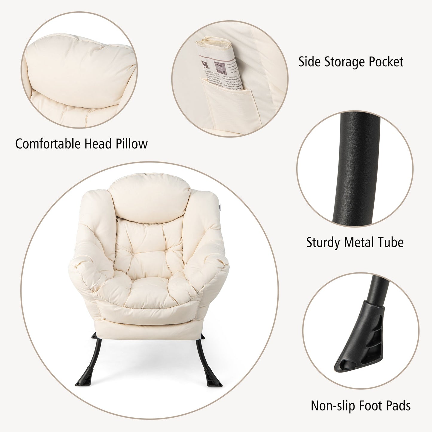 Modern Accent Sofa Chair with Folding Footrest and Side Pocket-Beige