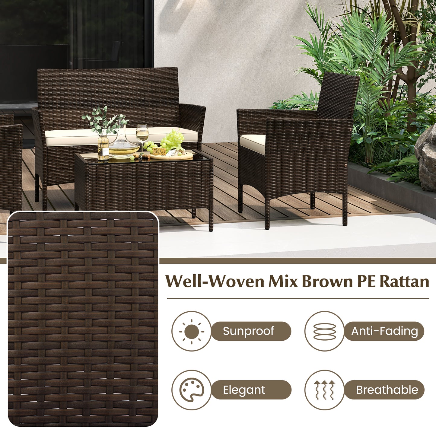 SPECIAL, 4 Piece Patio Rattan Conversation Set-Beige (Fully Assembled)