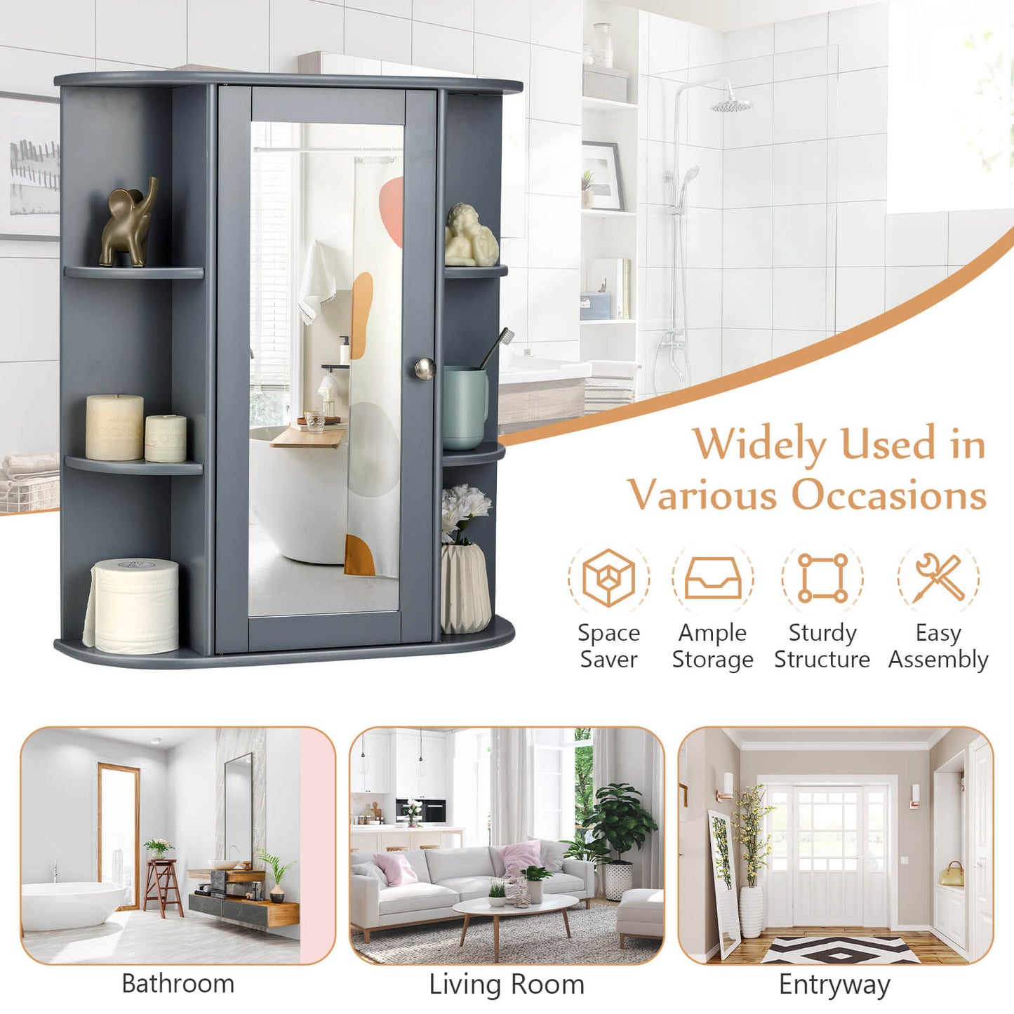 Bathroom Single Door Shelves Wall Mount Cabinet with Mirror-Gray (Fully Assembled)