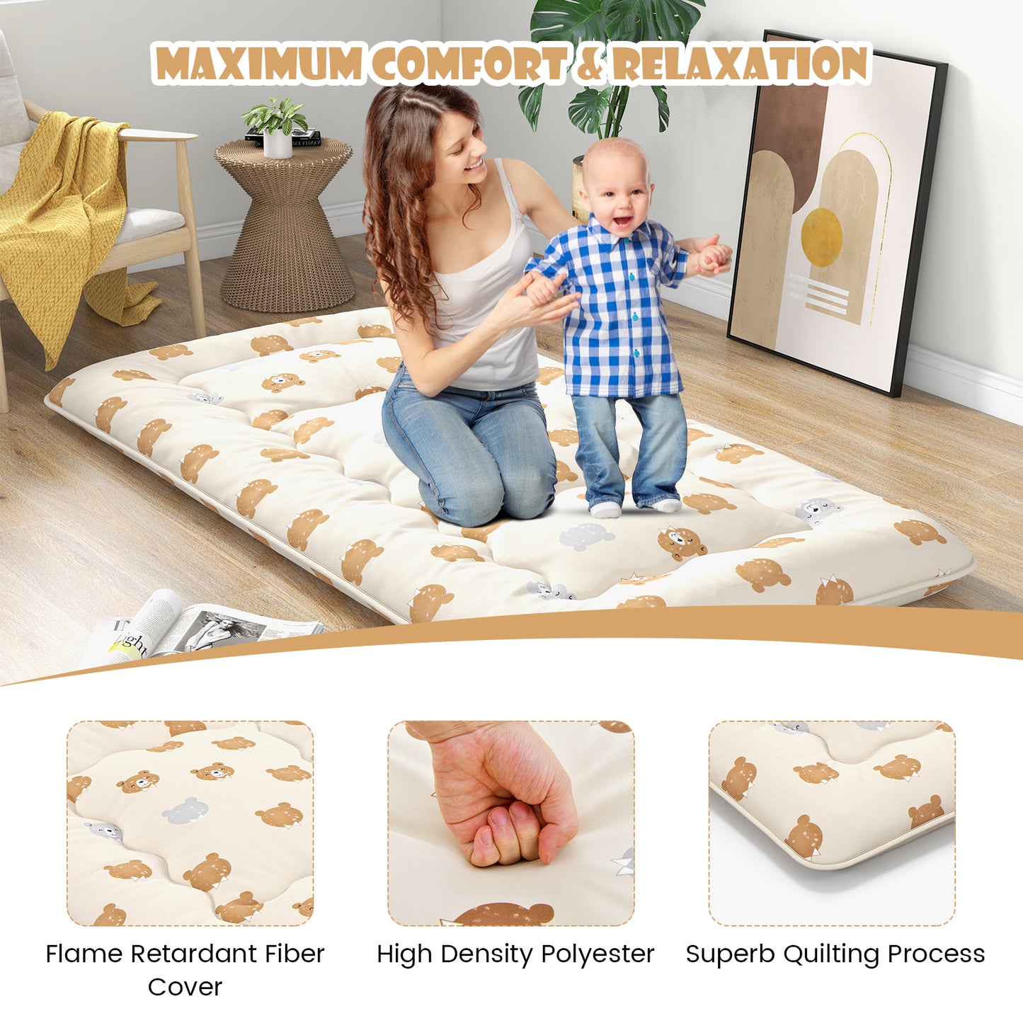 Foldable Futon Mattress with Washable Cover and Carry Bag for Camping-Full Size