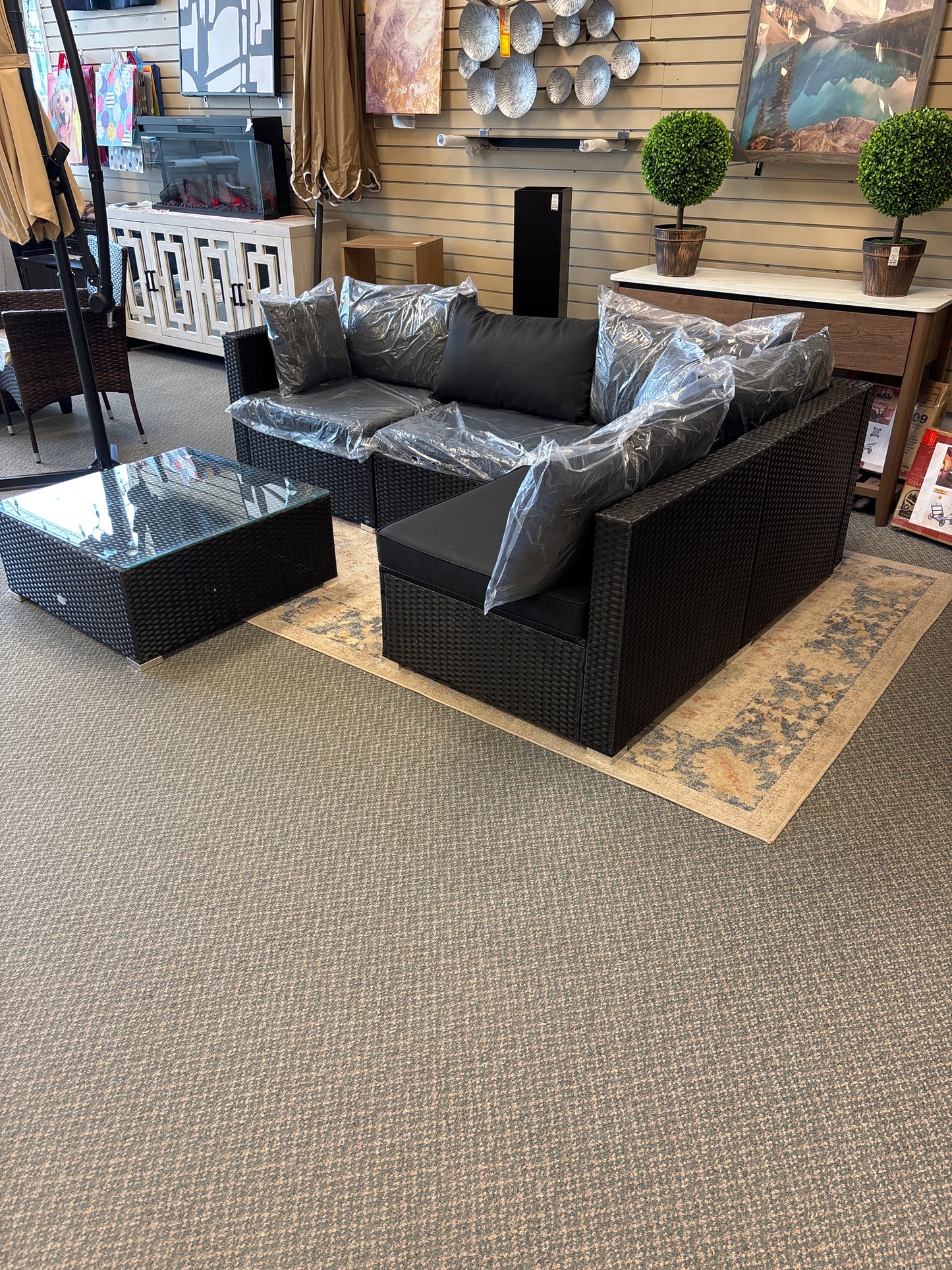 5 piece, deep seating outdoor wicker sectional, fully assembled, black
