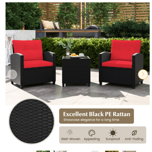 3 Pieces Patio Furniture Set with Tempered Glass Coffee Table-RED - (Assembled)