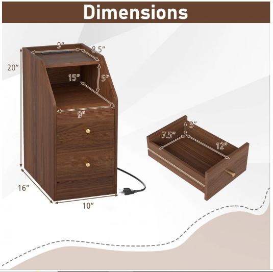 Side End Table with Charging Station Sofa Couch Table with Shelf Drawers-Walnut (Assembled)