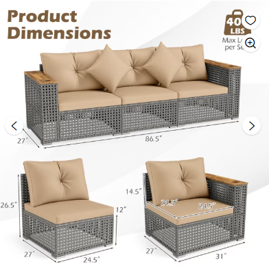 Patio Wicker Sectional Furniture Sofa Set -Beige (Assembled)
