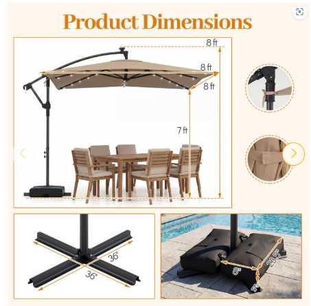 8 x 8 Square FT Solar LED Offset Cantilever Patio Umbrella with 360° Rotation-Rustic Brown