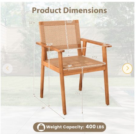 Set of 2, Acacia Wood Outdoor Dining Chairs with Backrests (Assembled)
