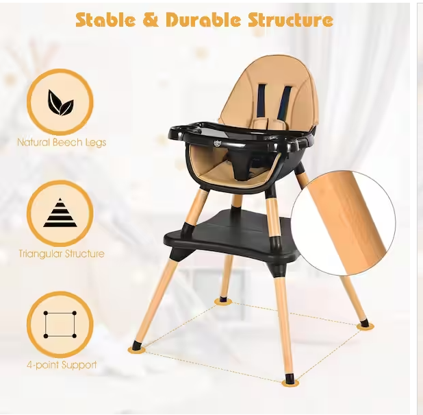 Coffee 5-in-1 Baby High Chair Infant Wooden Convertible Chair 5-Point Seat Belt