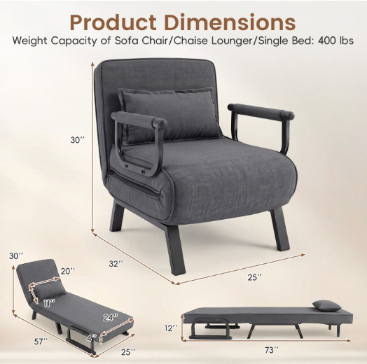 3-in-1 Convertible Sofa Bed with 5-Position Adjustable Backrest and Lumbar Pillow-Dark Gray