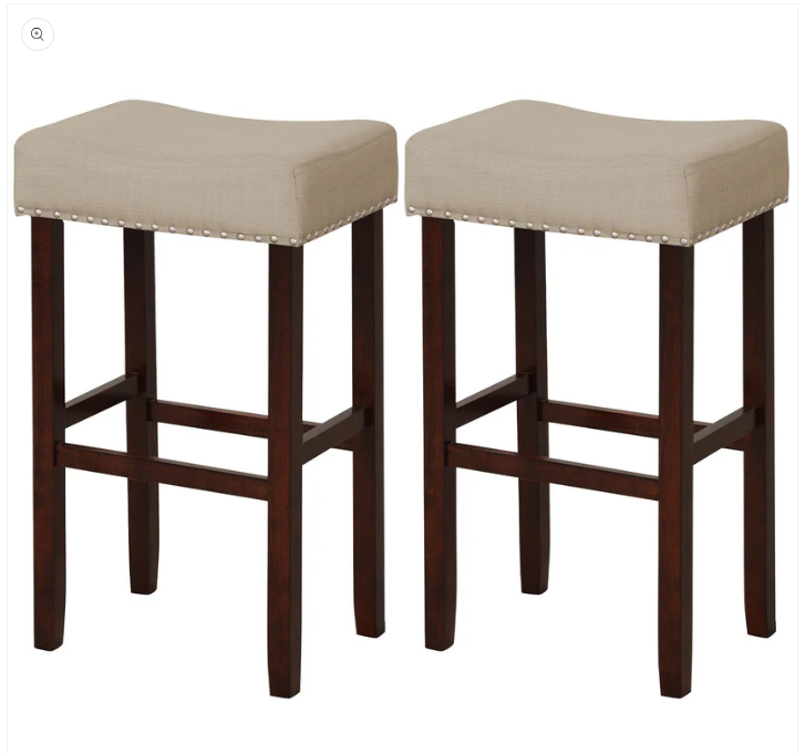 Set of 2 - 29 Inch Height Upholstered Bar Stool with Solid Rubber Wood Legs and Footrest - Beige