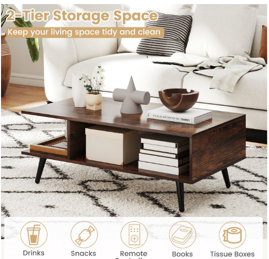 Mid Century Modern Rectangle Coffee Table 2-Tier Accent Table with 2 Open Compartments-Rustic Brown (Assembled)