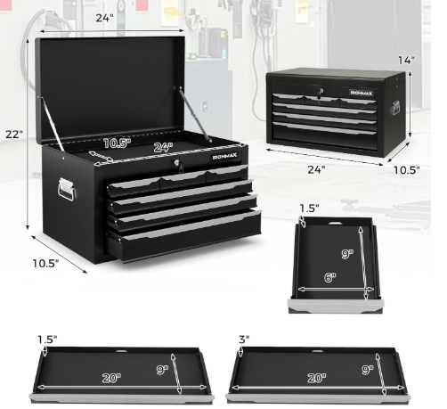 4 Drawer Toolbox, Lockable Toolbox with Top Tray - Black