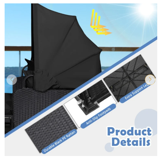 Patio Rattan Daybed with Retractable Canopy and Side Tables-Black (1 box unassembled)