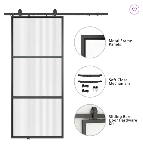 36" x 84" - Reeded Glass and Metal Barn Door with Installation Hardware Kit (1 Box)