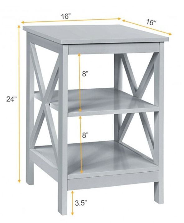 3-tier Side Table Nightstand with Stable Structure- Gray (Fully Assembled)