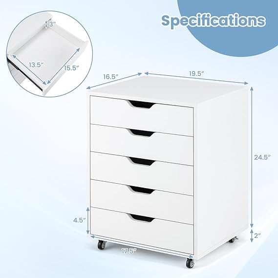 IFANNY 5 Drawer File Cabinet, Mobile Filing Cabinet with Universal Wheels, Wood File Cabinets for Home, Office