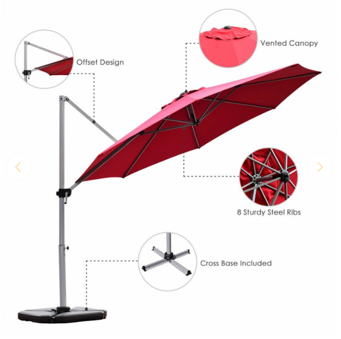 10Ft Feet Patio Offset Cantilever Umbrella 360° Rotation Aluminum Tilt, Red - Unassembled