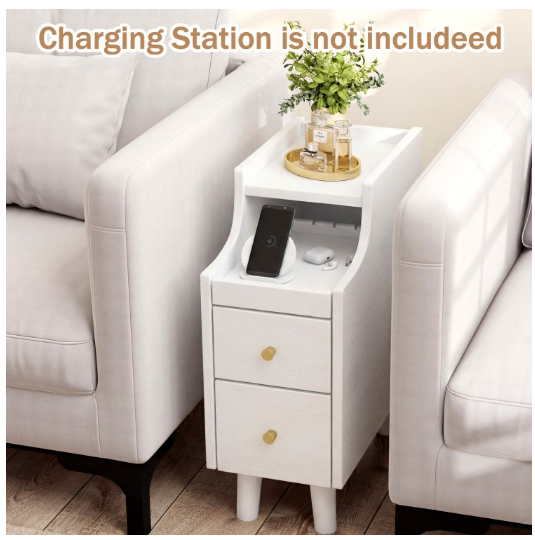 Set of 2 Solid Wood Night Side Table with Pull-out Tray and 2 Storage Drawers - White