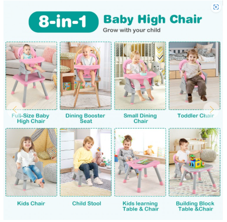 INFANS 8 in 1 Baby High Chair, Convertible Highchair for Babies and Toddlers - Pink