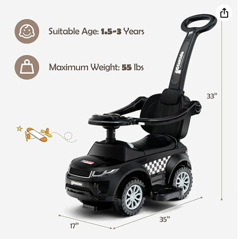 4 in 1 Ride on Push Car, Toddlers Stroller Sliding Walking with Horn, Music, Lights, Removable Guardrails and Handle, Underneath Storage, Foot-to-Floor Walker for Boys Girls (Dark)
