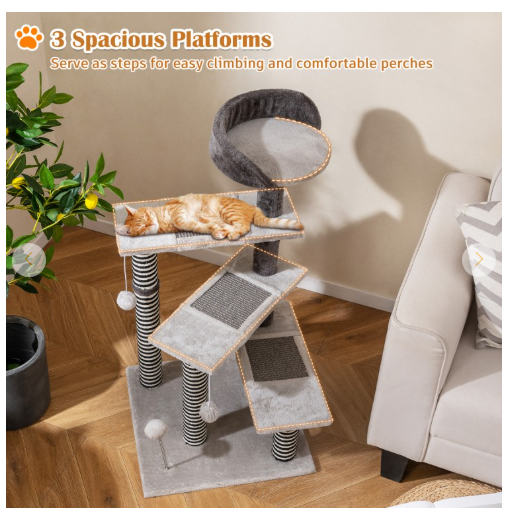 93 CM Tall Cat Tree Kitten Tower with Sisal and Jute Scratching Posts (Assembled)