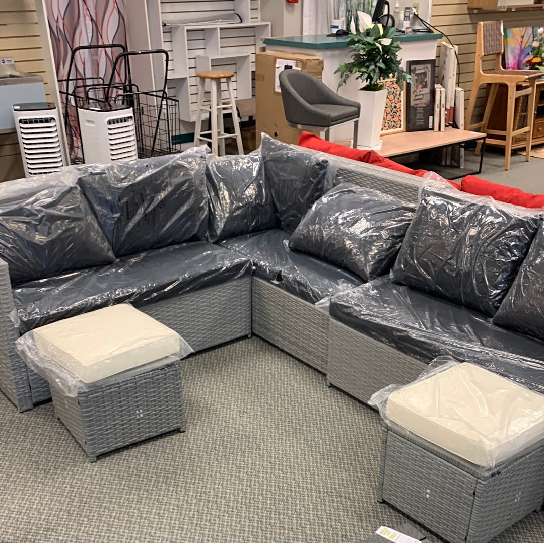 SPECIAL plus NO TAX, Sectional set with 2 stools, fully assembled, black cushions, grey wicker