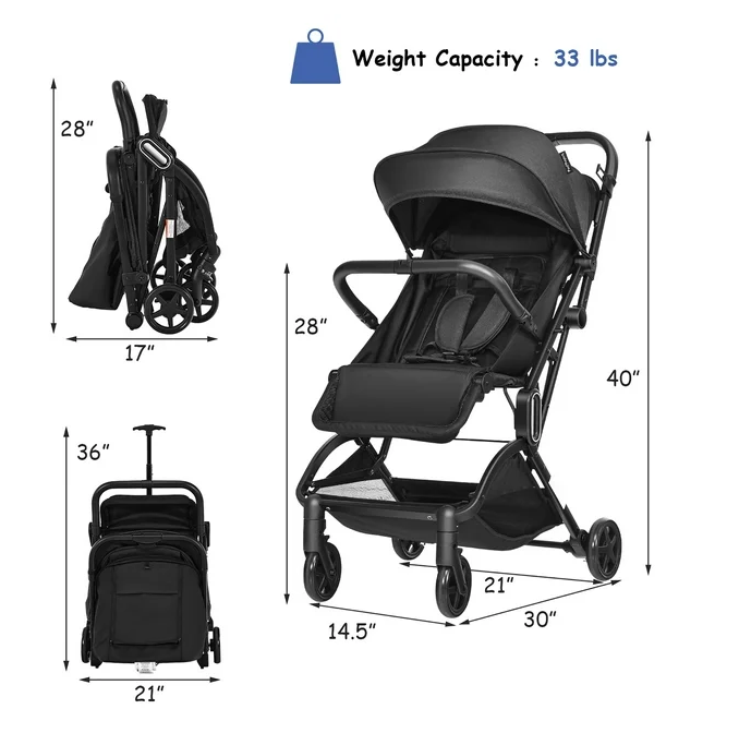 Foldable Compact Travel Stroller Baby Carriage with Pop Out Sun Visor, Scratch and Dent