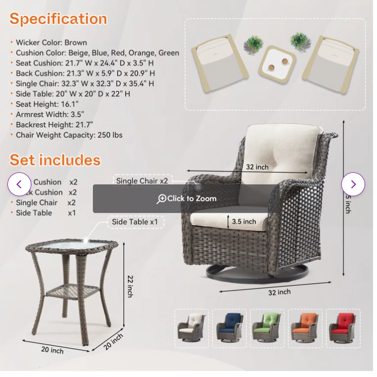 3-piece Steel Wicker Patio Swivel Chair Set with Dark Gray Cushions - Assembled