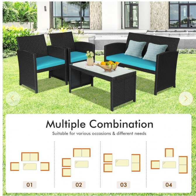 4 Pcs Wicker Conversation Furniture Set Patio Sofa And Table Set, Fully Assembled