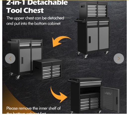 2-in-1 Rolling Tool Chest with 5 Sliding Lockable Drawers-Black/Grey (1 Box, Unassembled)