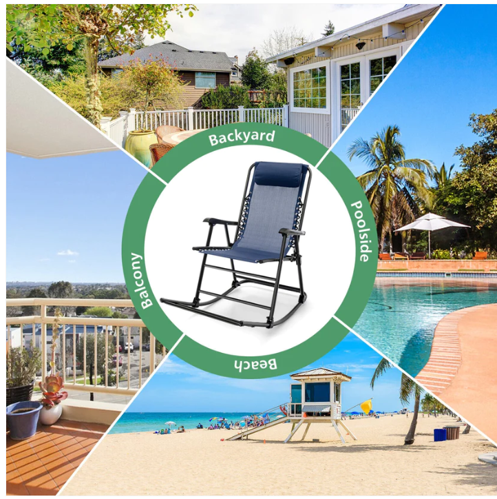 Outdoor Patio Camping Lightweight Folding Rocking Chair with Footrest -Blue