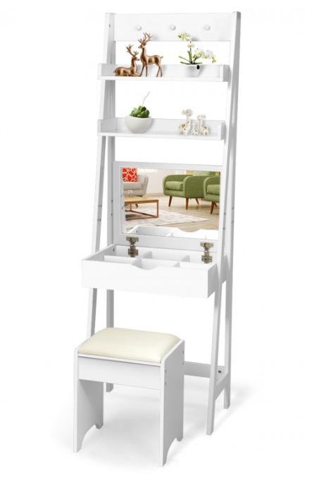 3-in-1 Modern Shelf Vanity Set with Flip Top Mirror and 6 Makeup Organizers - Assembled