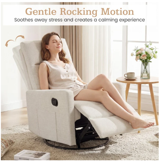 Swivel Rocking Chair 360° Nursery Reclining Rocker Armchair with Cushioned Back