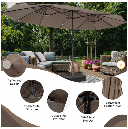 15 Feet Double-Sided Patio Umbrella with 48 LED Lights and Base, Tan