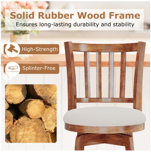 Set of 2, 360° Rotating Counter Height Chairs with Upholstered Seat and Backrest (Assembled)