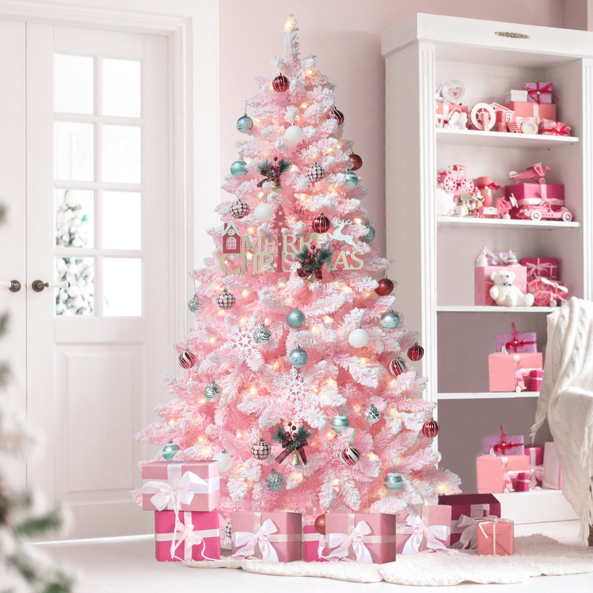 Irjat 6' Pre-Lit Snow Flocked Artificial Christmas Tree with Stand in Pink, ASSEMBLED, FINAL SALE