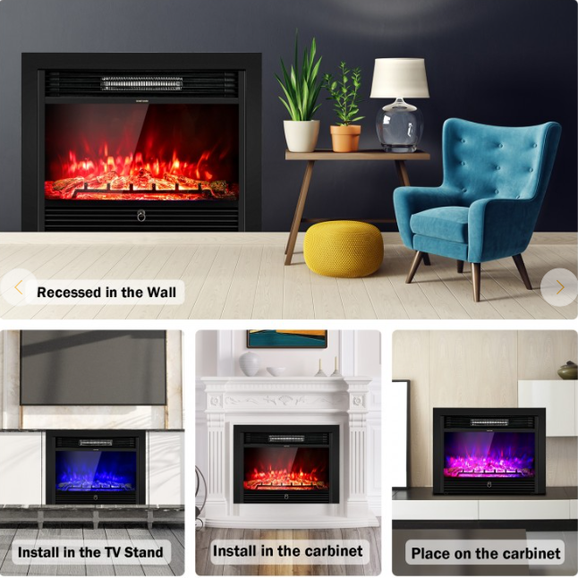 28.5 Inch Electric Fireplace Recessed with 3 Flame Colors and remote
