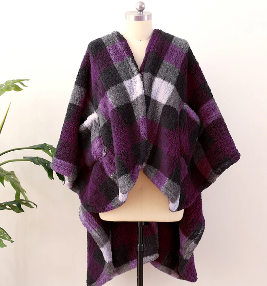 Berkshire Blanket Buffalo Plaid Double-Sided Cape, purple print